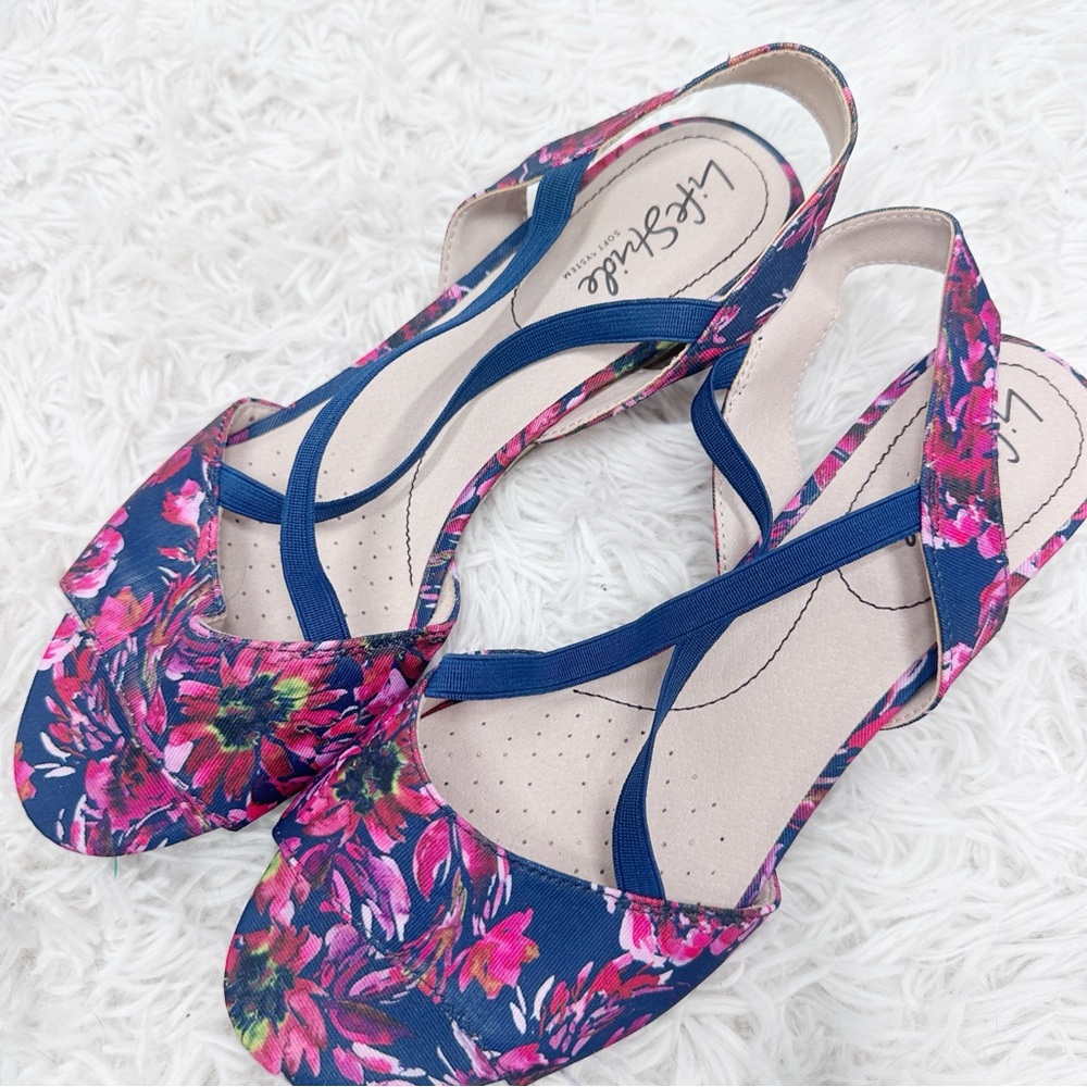 LifeStride Floral Wedge Womens Navy Multi Open Toe Cork Sandals Sz 8.5 Wide